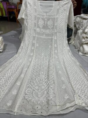 Pure Mul Chanderi Chikankari Mukaish Work Anarkali