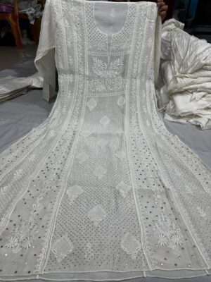Pure Mul Chanderi Chikankari Mukaish Work Anarkali