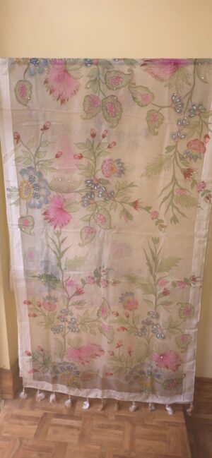 Dhakai Muslin-Organza Handpainted Saree