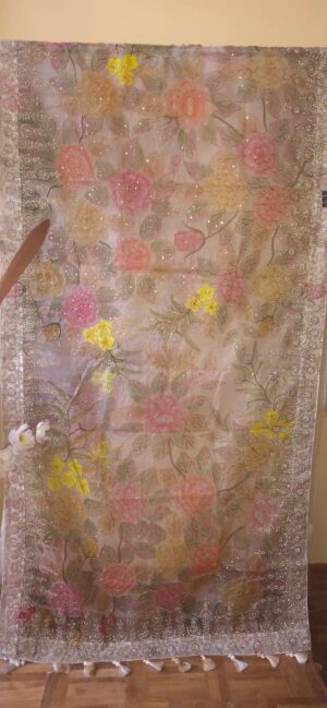 Dhakai Muslin-Organza Handpainted Saree
