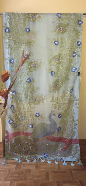 Dhakai Muslin-Organza Handpainted Saree