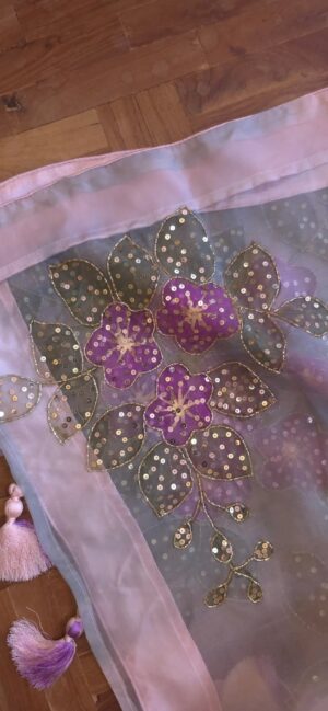 Dhakai Muslin-Organza Handpainted Saree