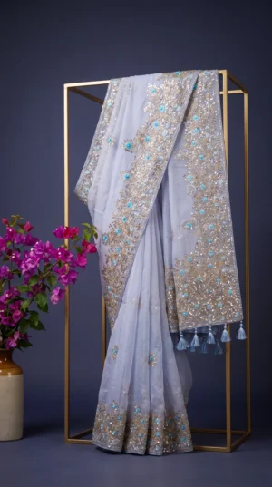 Dhakai Muslin-Organza Handcrafted Saree