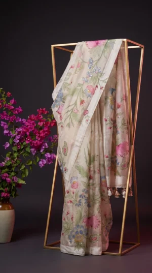 Dhakai Muslin-Organza Handpainted Saree