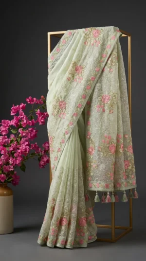 Dhakai Muslin-Organza Handcrafted Saree