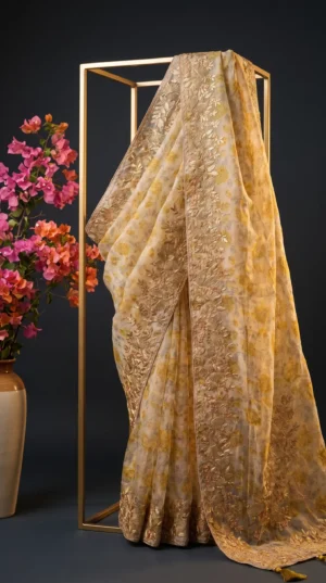 Dhakai Muslin-Organza Handcrafted Saree