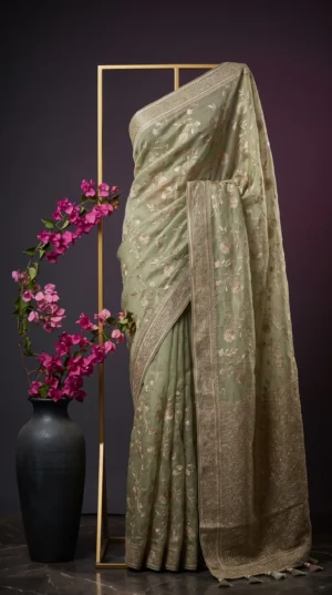 Dhakai Muslin-Organza Handcrafted Saree