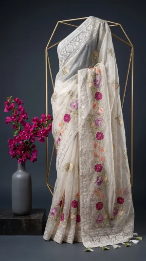 Dhakai Muslin-Organza Handcrafted Saree