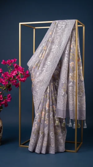 Dhakai Muslin-Organza Handcrafted Saree