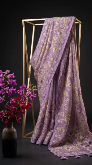 Dhakai Muslin-Organza Handcrafted Saree