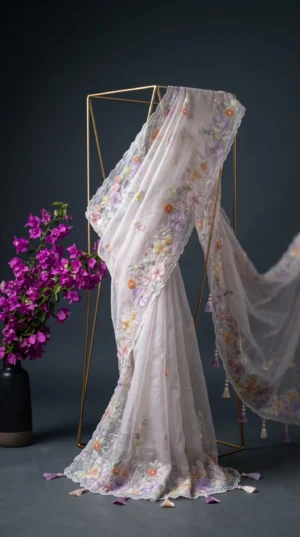 Dhakai Muslin-Organza Handcrafted Saree