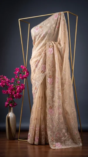 Dhakai Muslin-Organza Handcrafted Saree