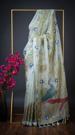 Dhakai Muslin-Organza Handpainted Saree