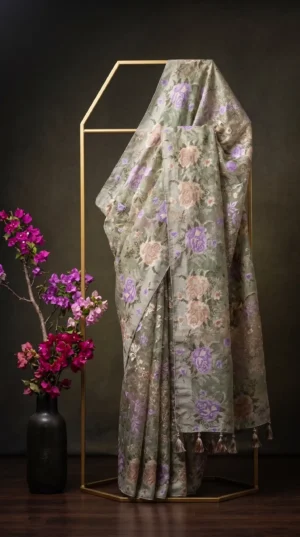 Dhakai Muslin-Organza Handcrafted Saree