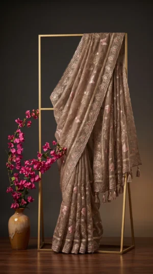 Dhakai Muslin-Organza Handcrafted Saree