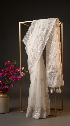 Dhakai Muslin-Organza Handcrafted Saree